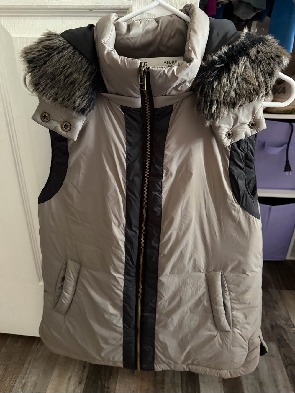 Buckle Beige and Black Puffer Vest with Faux Fur Trim